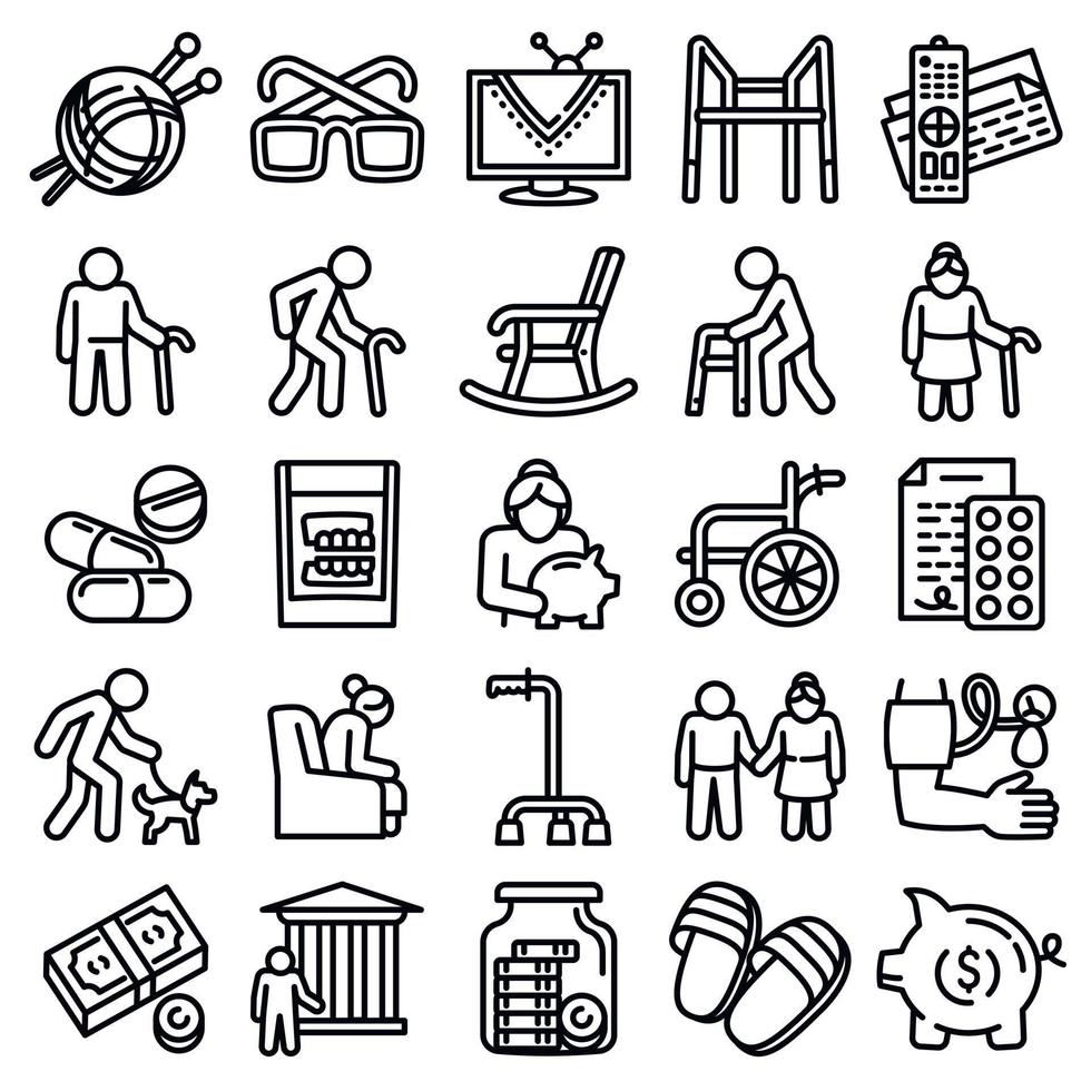 Pension icons set, outline style vector