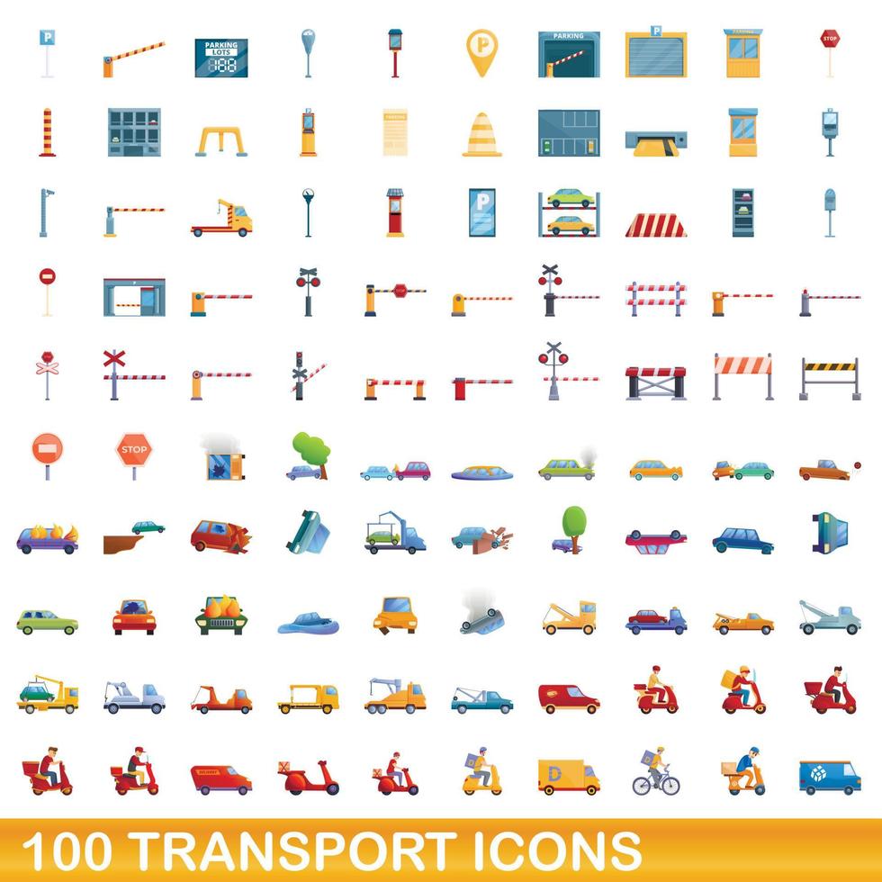 100 transport icons set, cartoon style vector