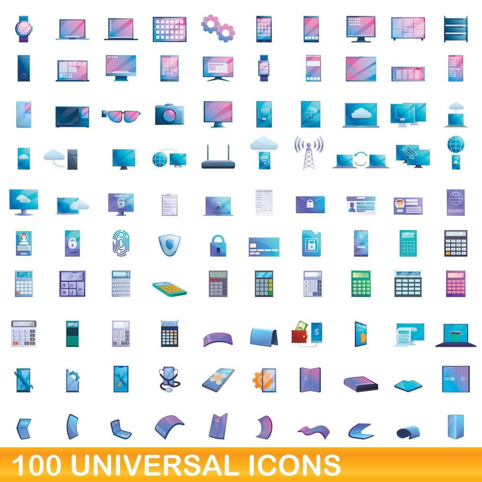 100 universal icons set, cartoon style vector