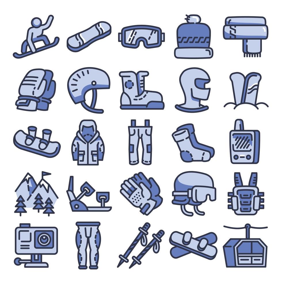Snowboarding equipment icons set, outline style vector