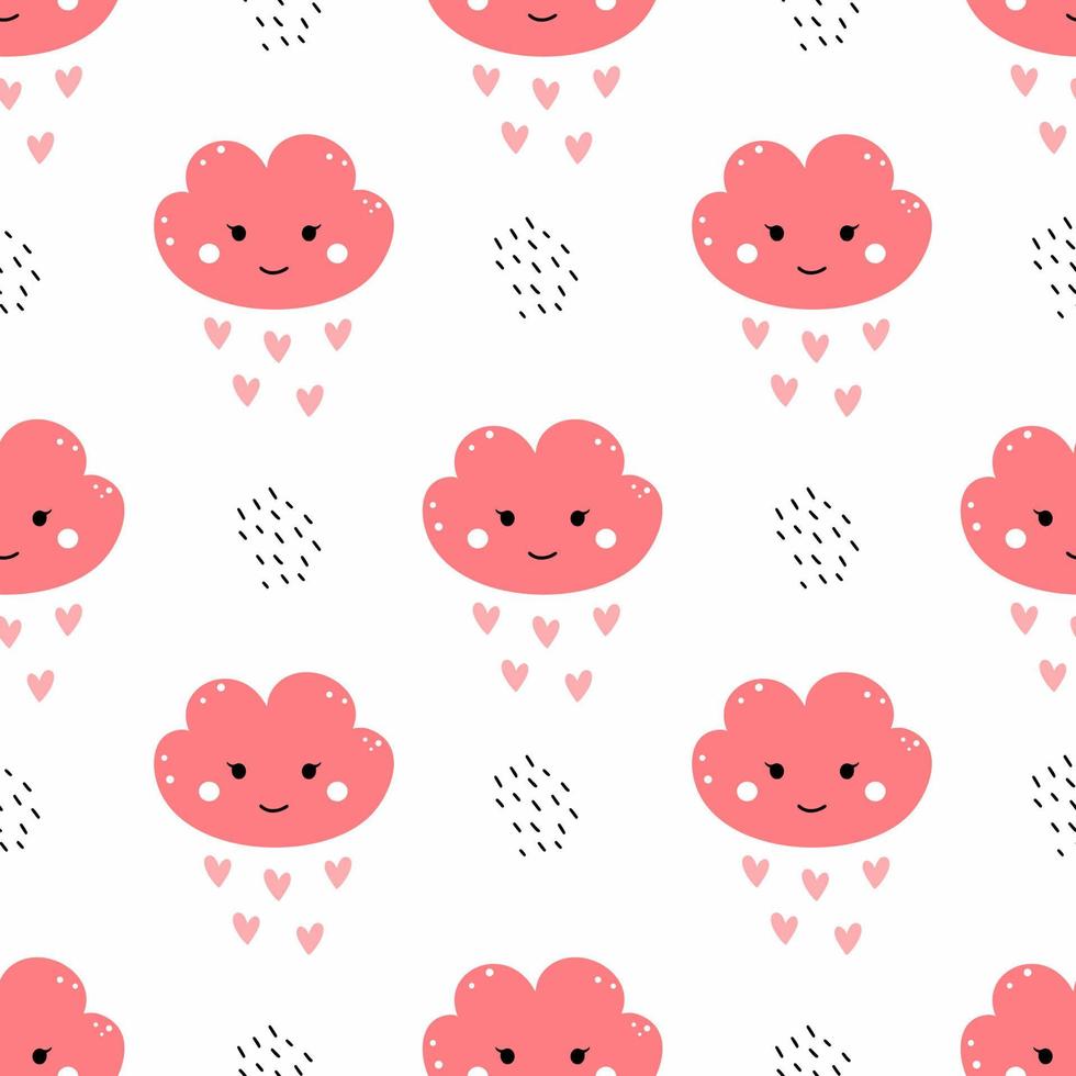 Pink cloud with smile. Seamless pattern for sewing clothes. Printing on fabric and wrapping paper. Wallpaper in nursery. Fabric for girl. vector