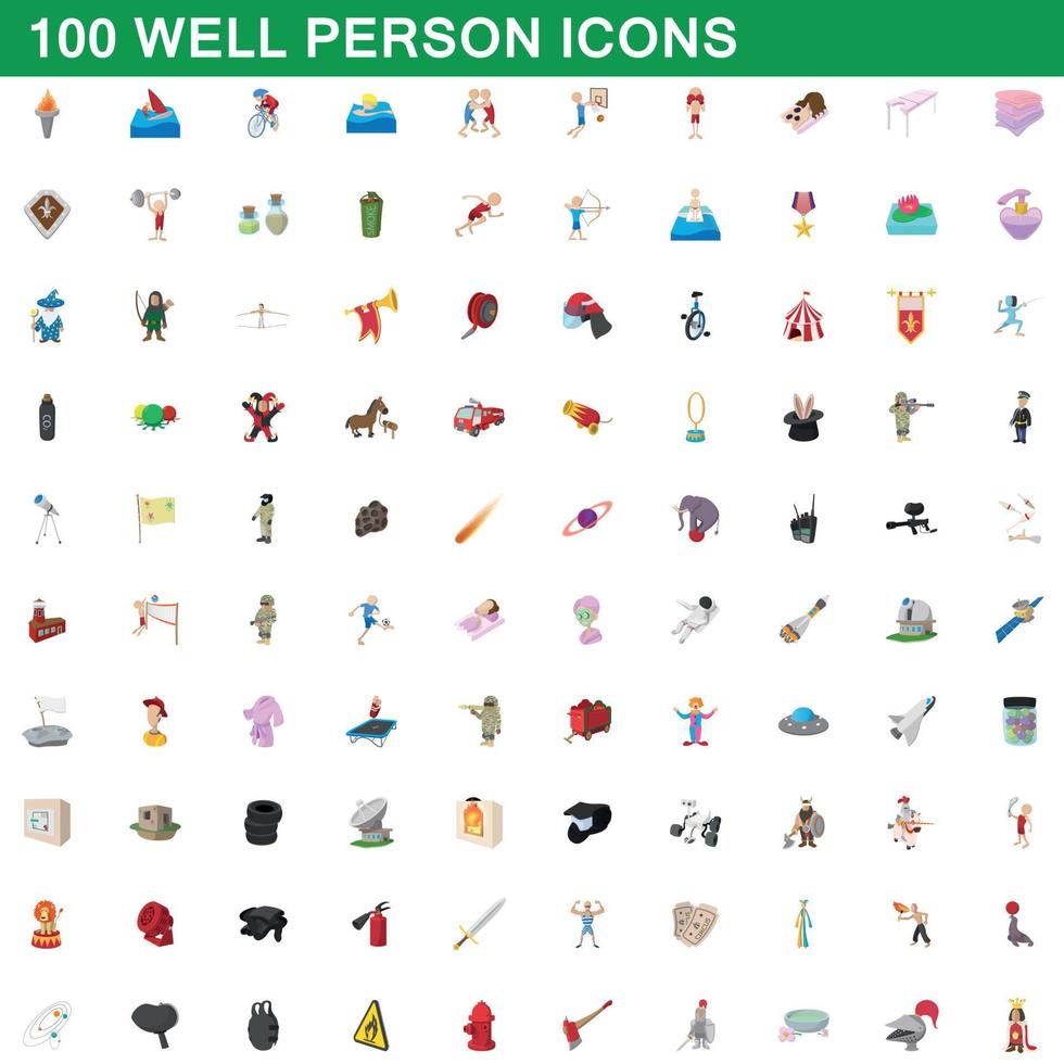 100 well person icons set, cartoon style vector