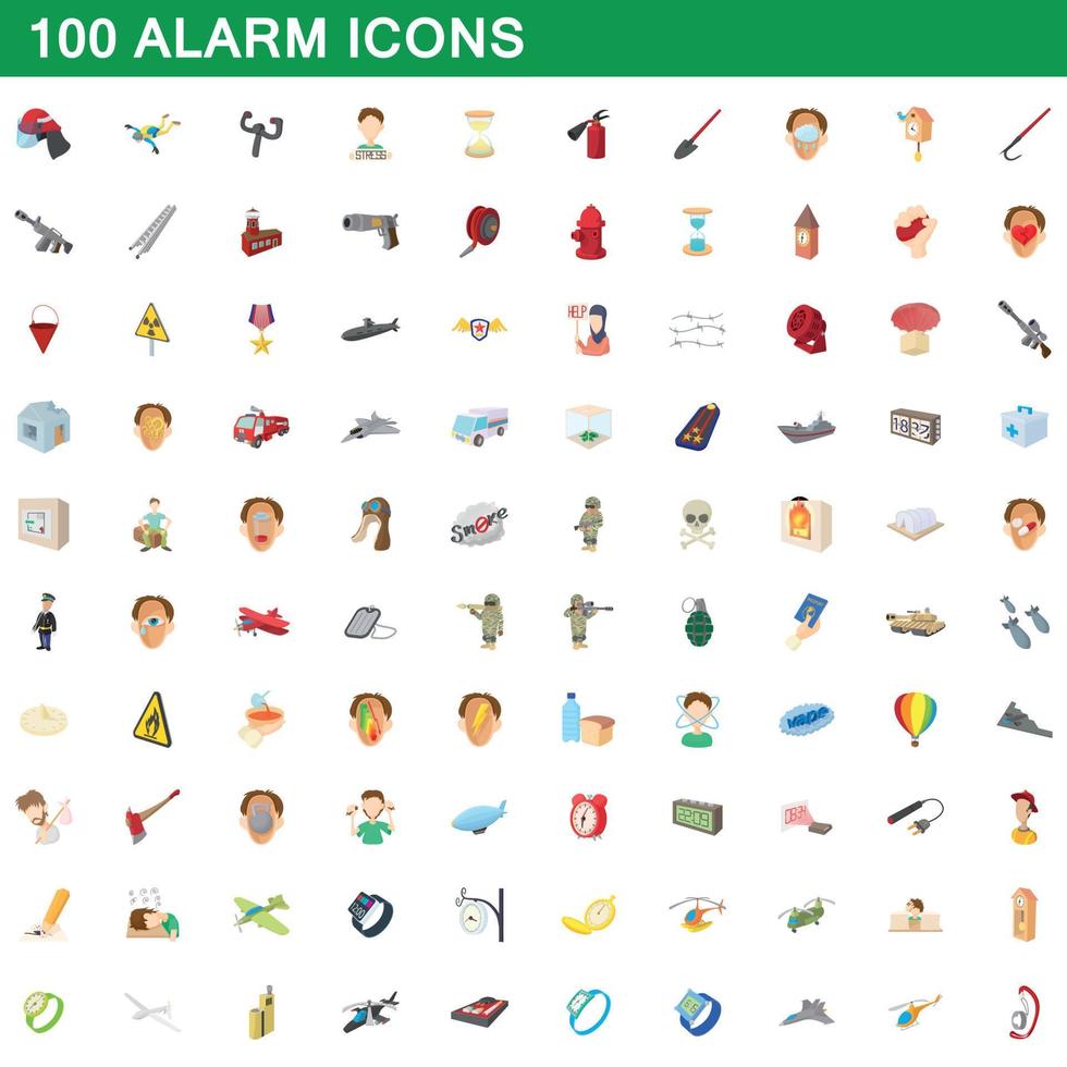 100 alarm icons set, cartoon style vector