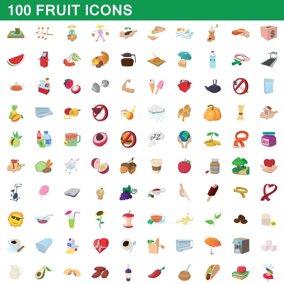 100 fruit icons set, cartoon style vector