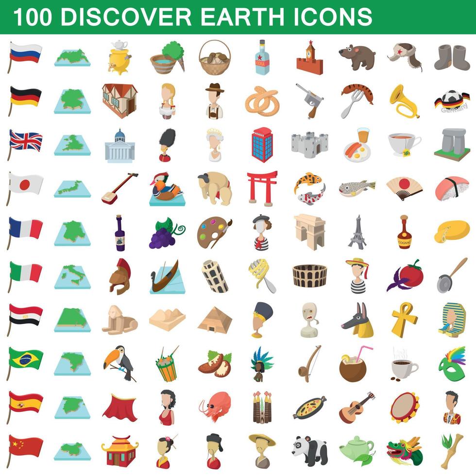 100 descubrir la tierra, conjunto de iconos de estilo de dibujos animados vector