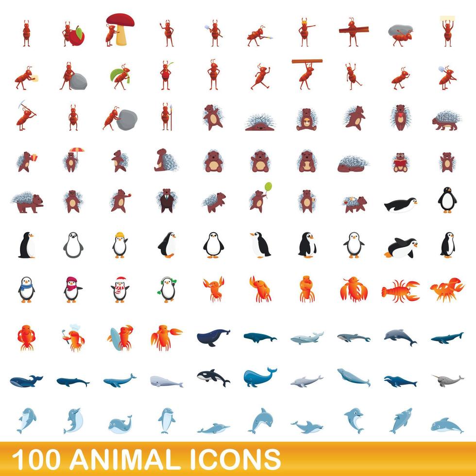 100 animales, conjunto de iconos de estilo de dibujos animados vector