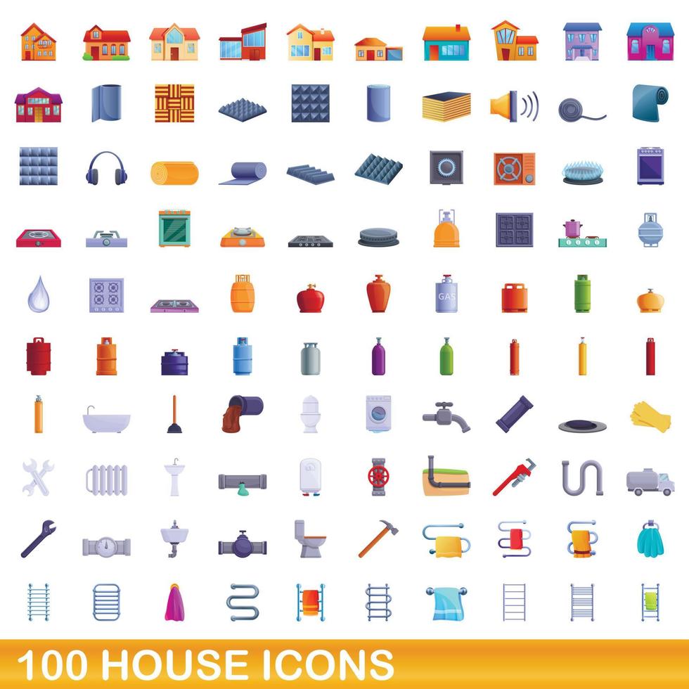 100 house icons set, cartoon style vector
