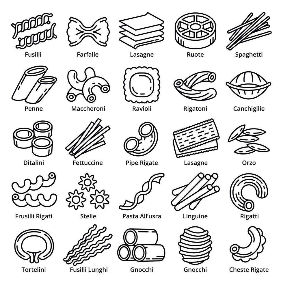 Fusilli icons set, outline style vector