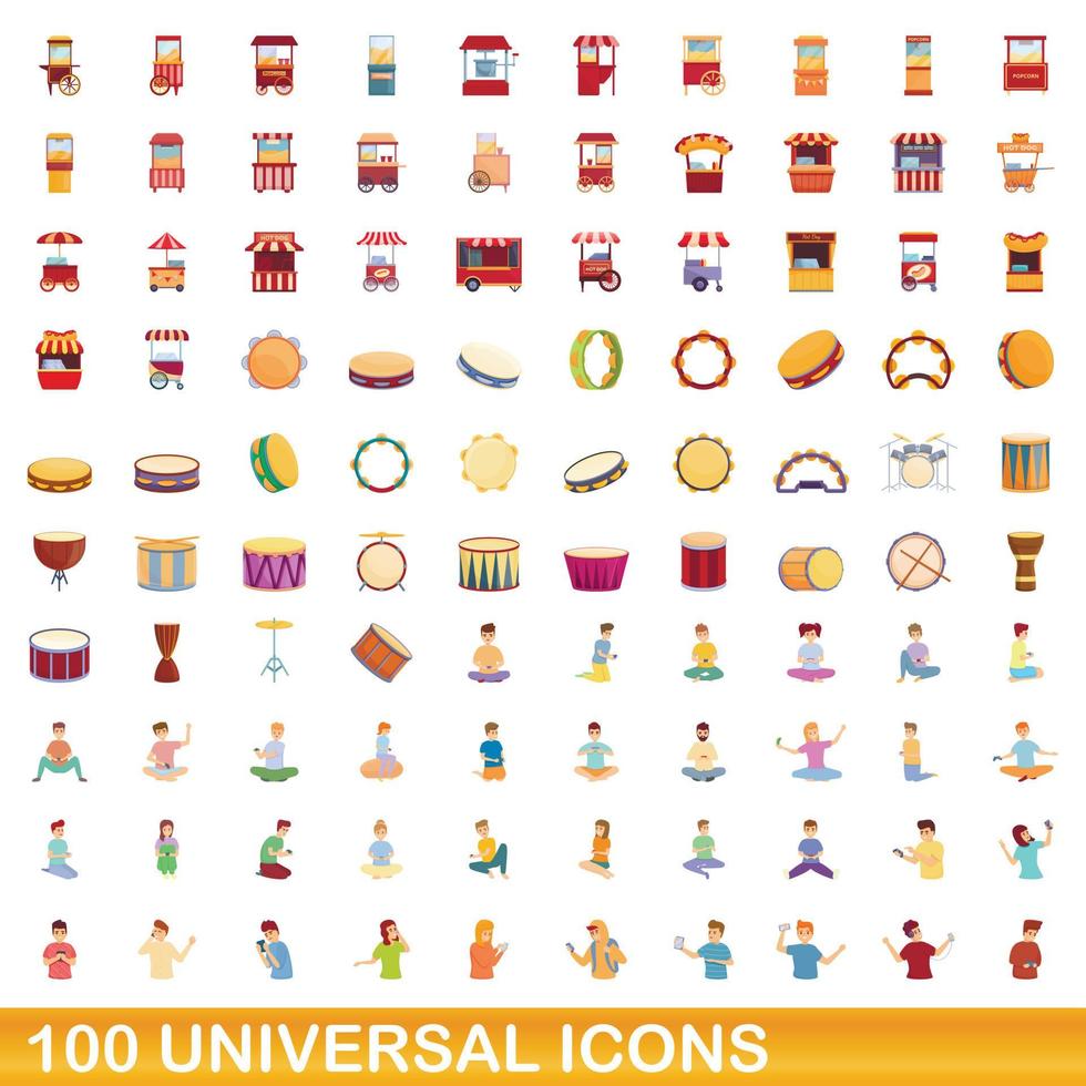 100 universal icons set, cartoon style vector