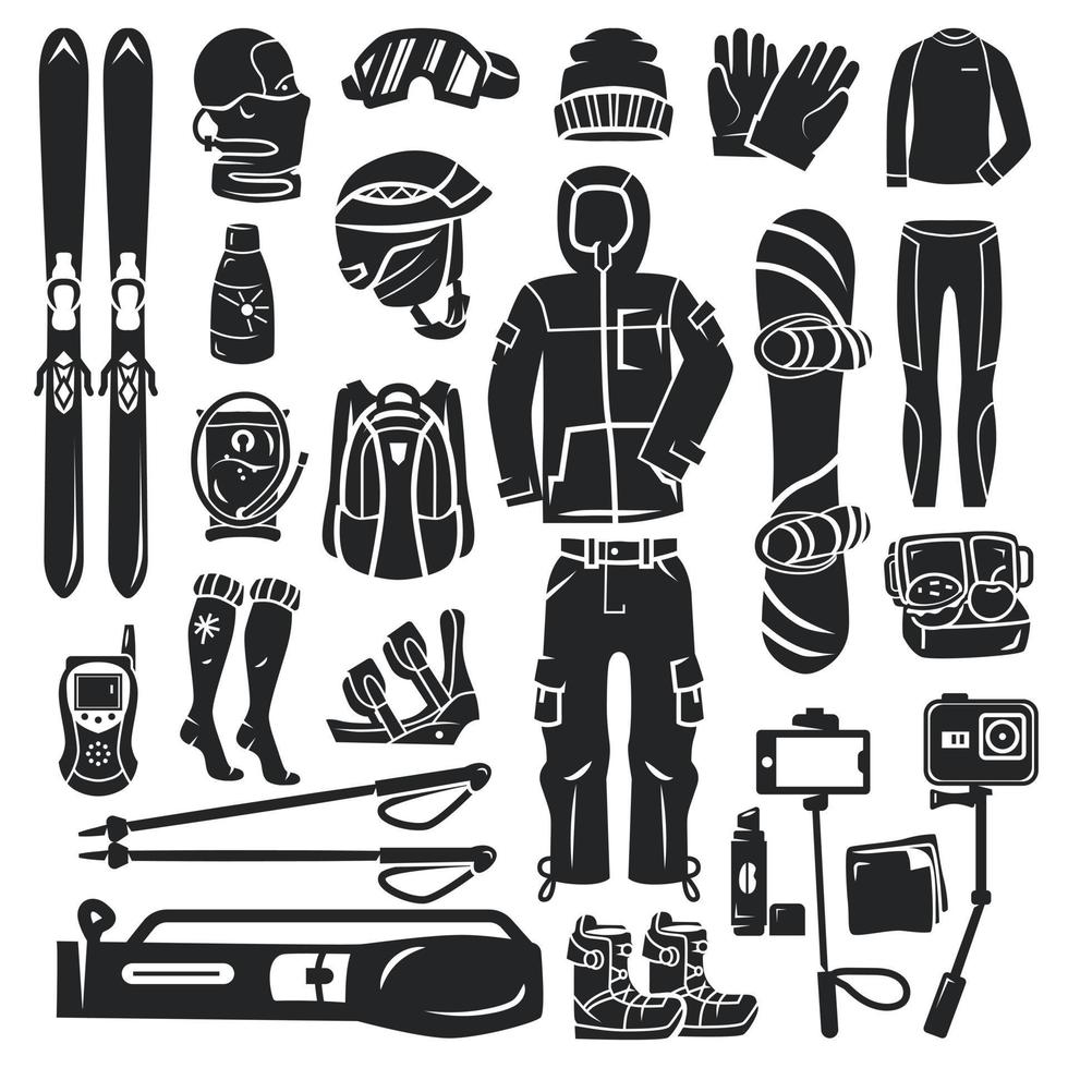 Snowboarding equipment icon set, simple style vector
