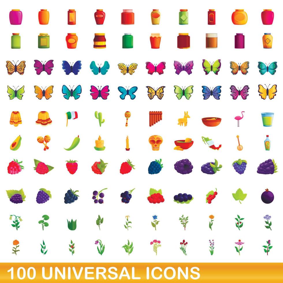 100 universal icons set, cartoon style vector