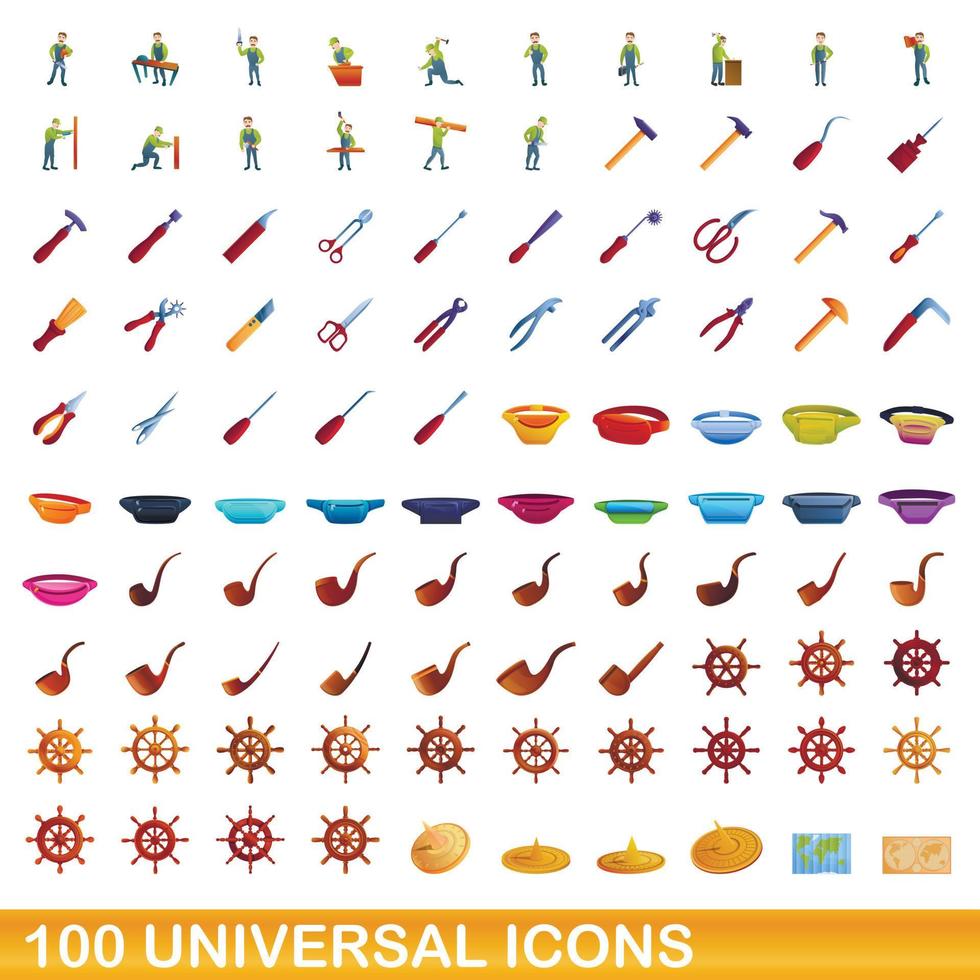 100 universal icons set, cartoon style vector