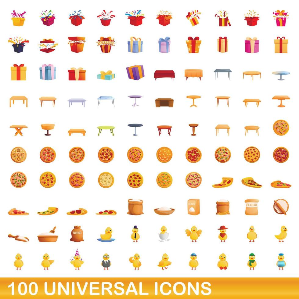 100 universal icons set, cartoon style vector