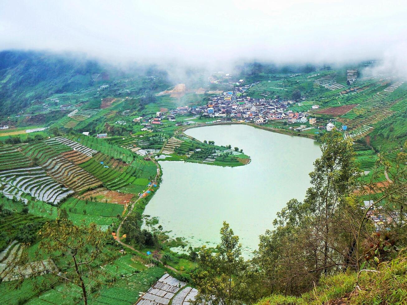 Awesome view from hill , it is lake in the middle of mountain photo