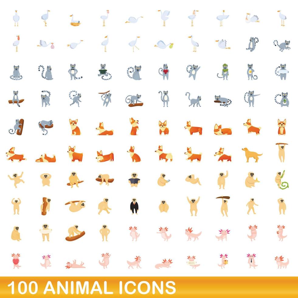 100 animal icons set, cartoon style vector
