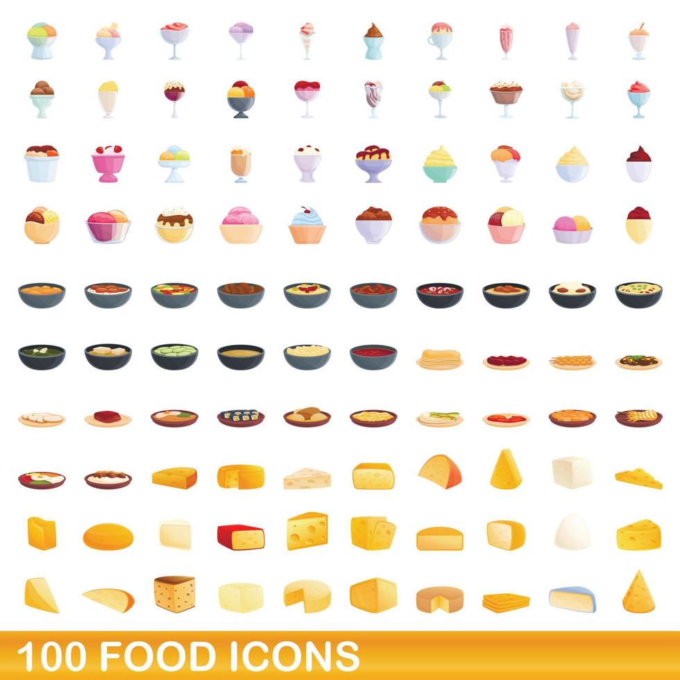 100 iconos de alimentos, estilo de dibujos animados vector