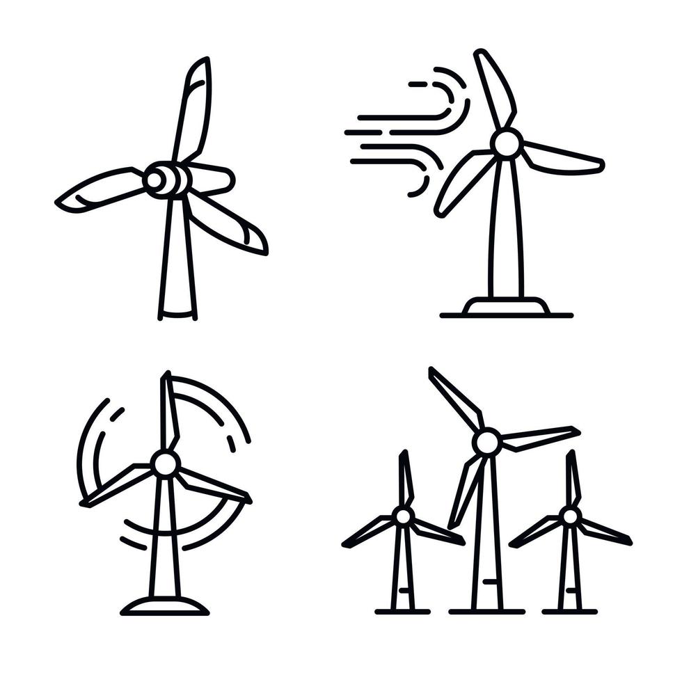 Wind turbine icons set, outline style vector