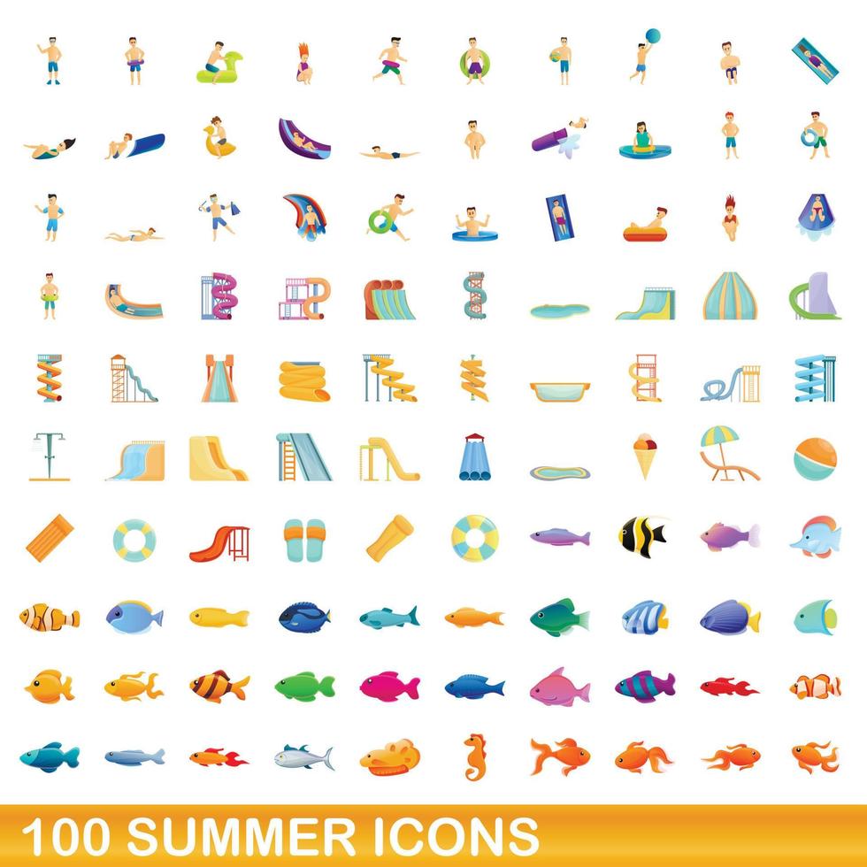 100 summer icons set, cartoon style vector