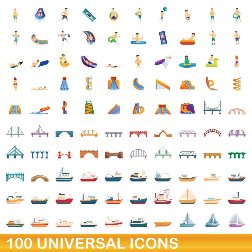 100 universal icons set, cartoon style vector