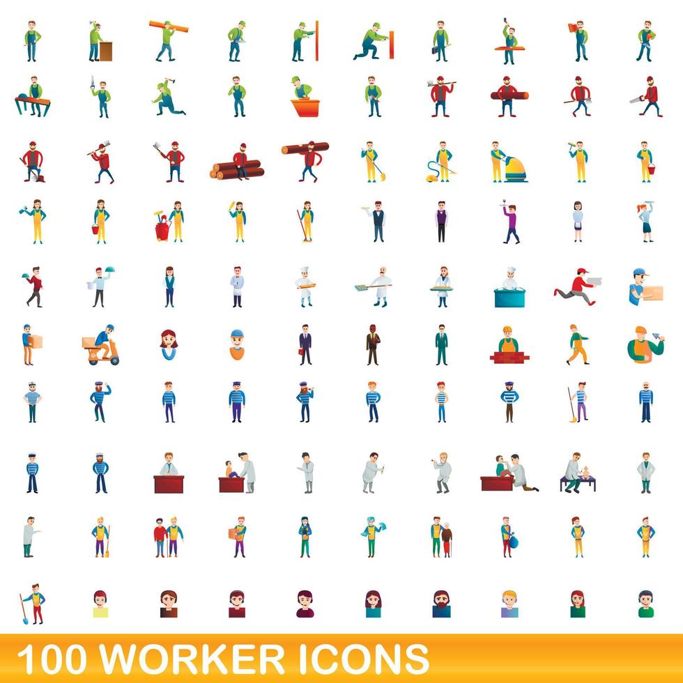 100 trabajadores, conjunto de iconos de estilo de dibujos animados vector