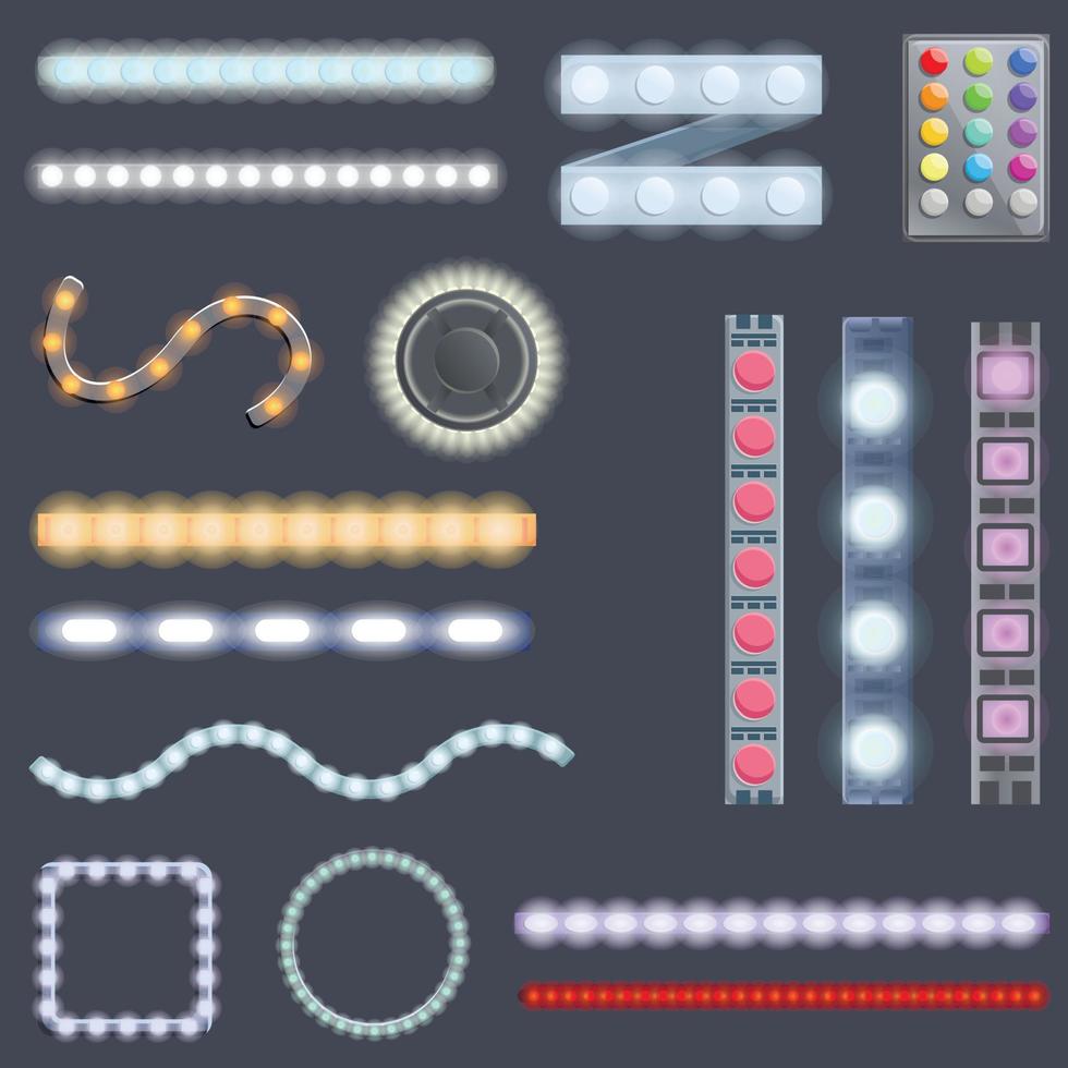 Led strip lights icons set, cartoon style vector