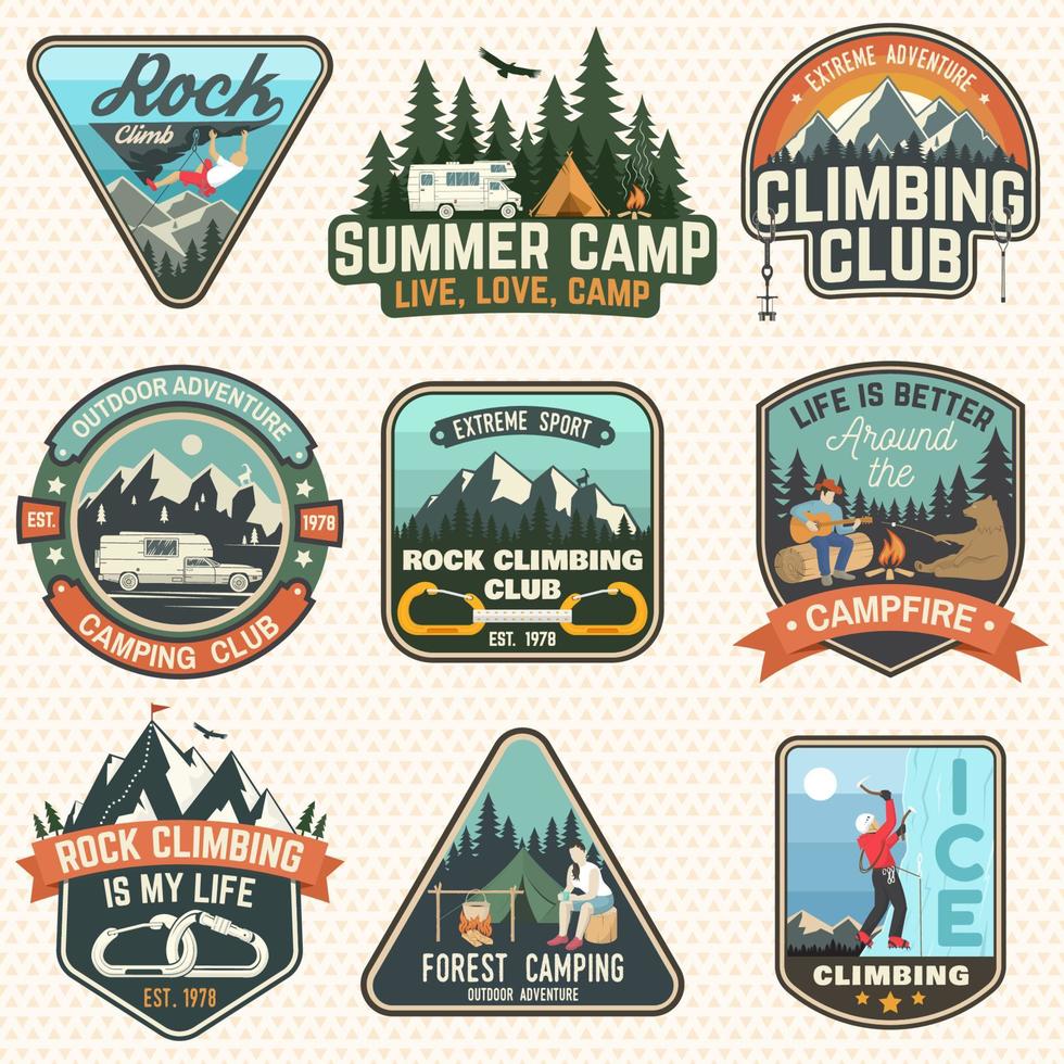 conjunto de insignias de club de escalada y campamento de verano. vector. vector