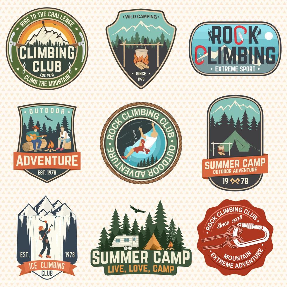 conjunto de insignias de club de escalada y campamento de verano. vector. vector