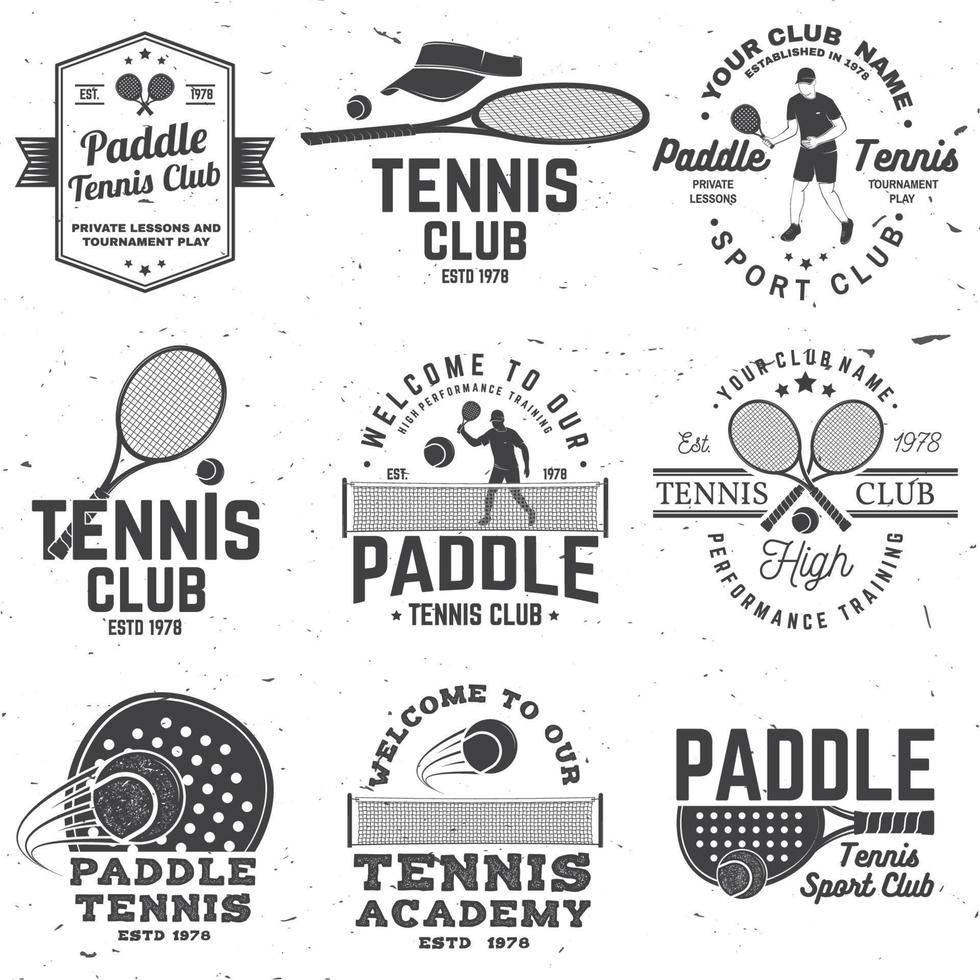 conjunto de insignia, emblema o signo de pádel y tenis. vector. concepto para camisa, estampado, sello o camiseta. vector