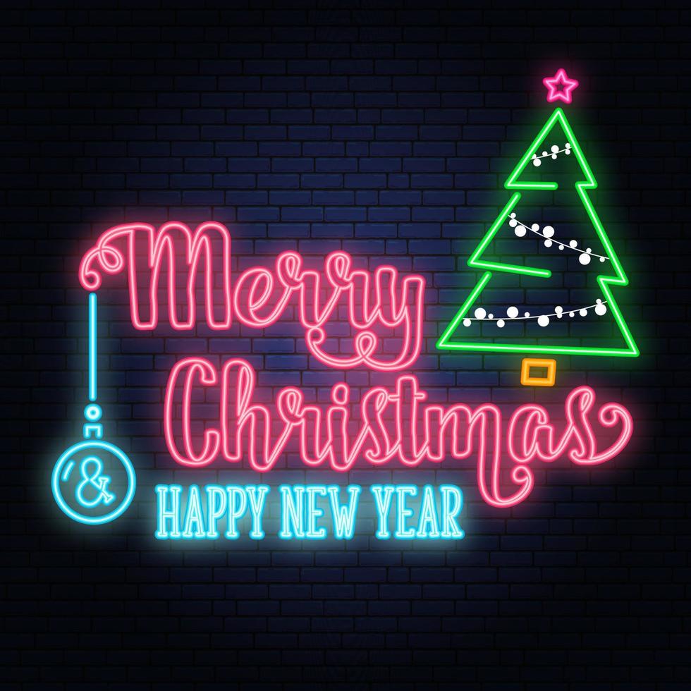 feliz navidad y feliz año nuevo letrero de neón. con árbol de navidad. ilustración vectorial vector