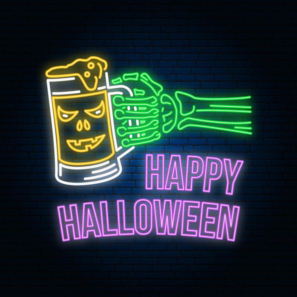 Happy Halloween neon sign or emblem. Vector illustration. Happy Halloween light banner with Skeleton hand
