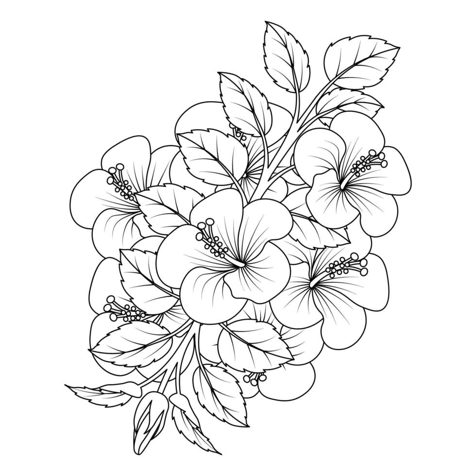 flor de hibisco común página para colorear con diseño gráfico de vector de línea detallada