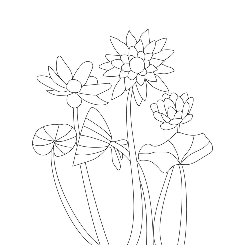 flor de loto en flor con hojas página para colorear para actividades infantiles dibujo vector