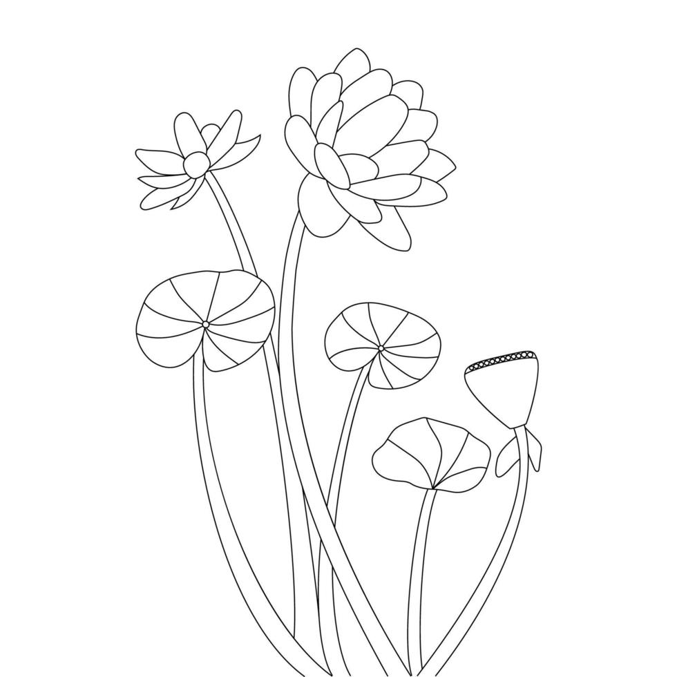 blossom lotus flower with leaves coloring page for kid activities drawing vector