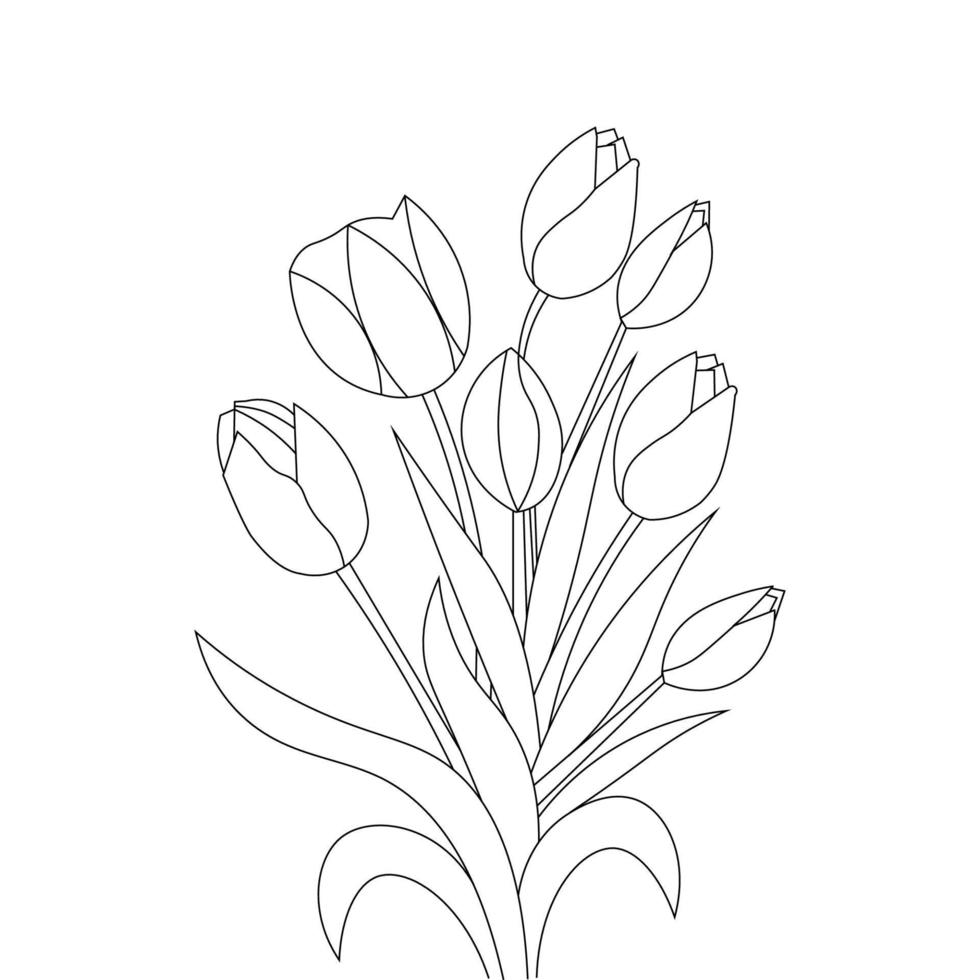 tulipanes, ramo, garabato, mano alzada, dibujo, de, negro, diseño, colorido, página vector