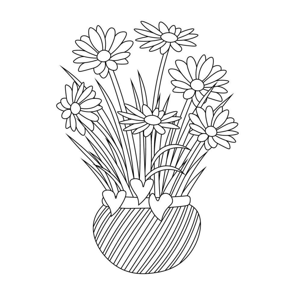 contour ornate wicker basket flower with bunch fresh coloring book vector