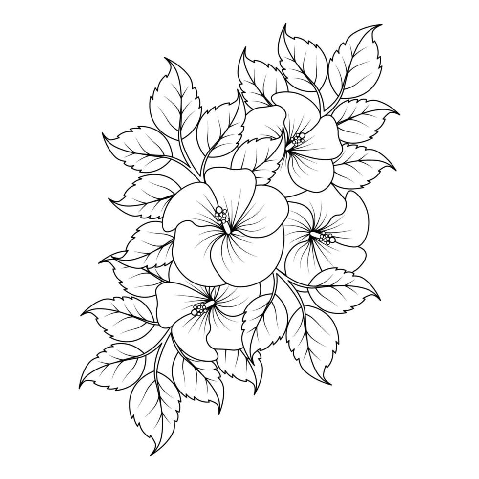 hibiscus flower coloring page illustration with line art stroke of black and white hand drawn vector