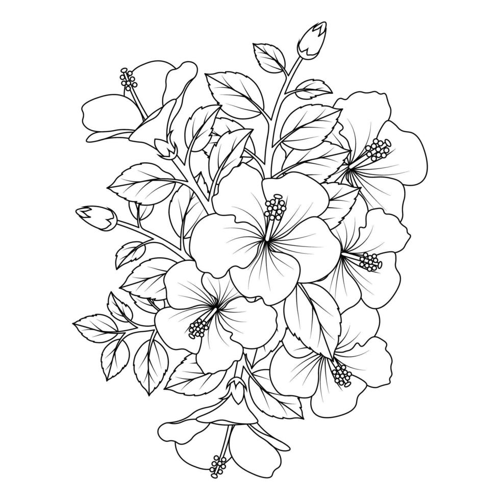 hibiscus flower coloring page illustration with line art stroke of black and white hand drawn vector