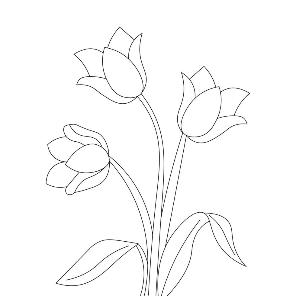 página para colorear del dibujo lineal de la flor del tulipán del diseño negro en el fondo blanco vector