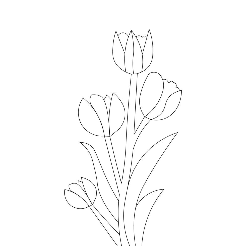 tulipanes, ramo, garabato, mano alzada, dibujo, de, negro, diseño, colorido, página vector