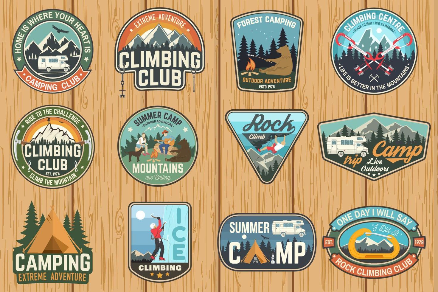 Set of Rock Climbing club and summer camp badges. Vector. vector