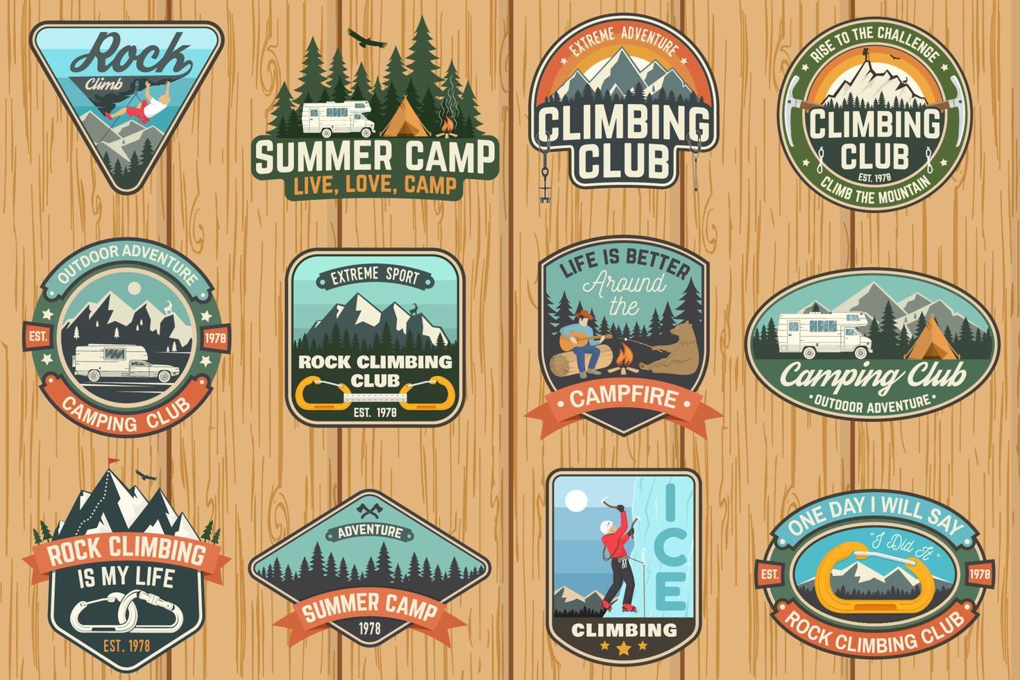 Set of Rock Climbing club and summer camp badges. Vector. vector