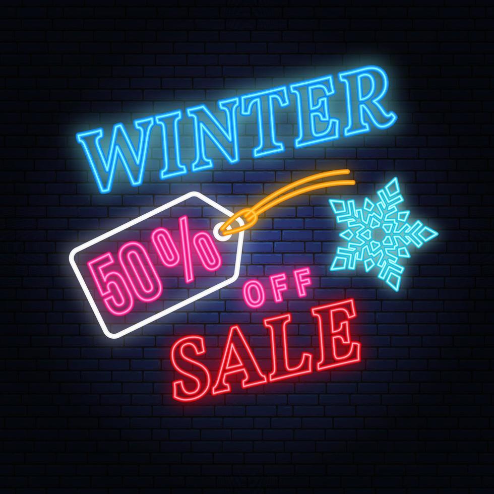 Winter sale neon sign with christmas tag hanging. Vector illustration