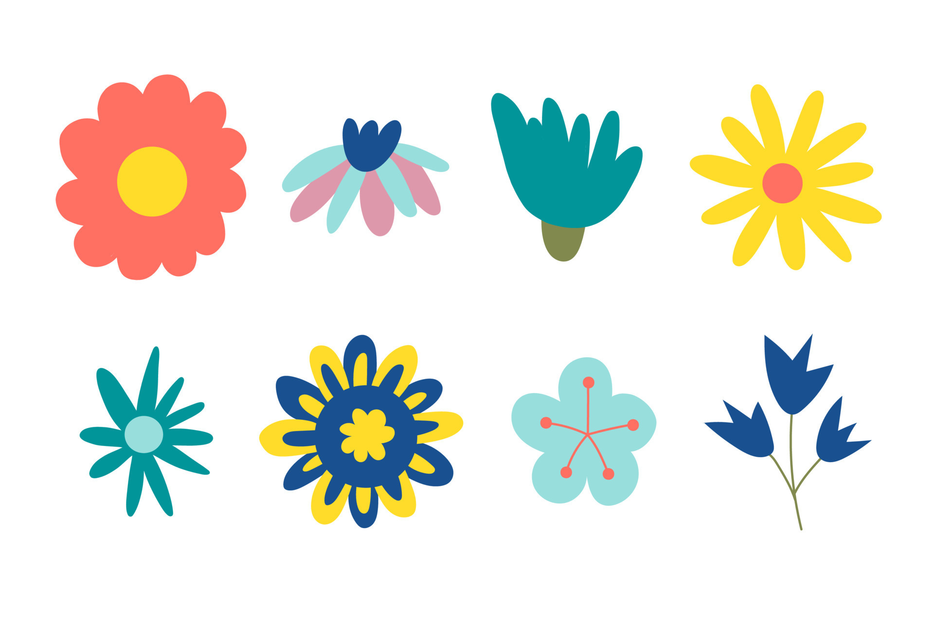 70s retro flower clipart elements. Cute retro design, isolated on white