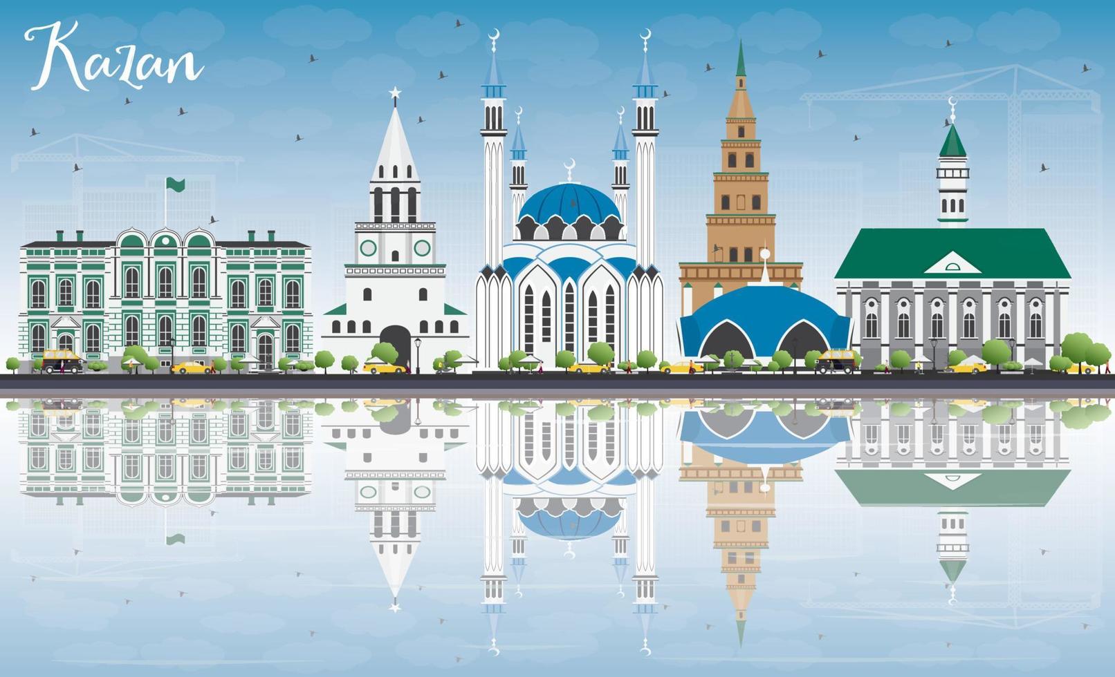 Kazan Skyline with Gray Buildings, Blue Sky and Reflections. vector