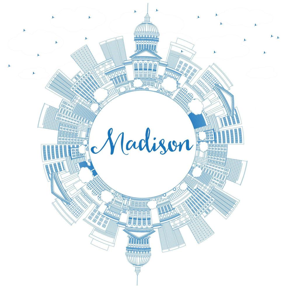 Outline Madison Skyline with Blue Buildings and Copy Space. vector
