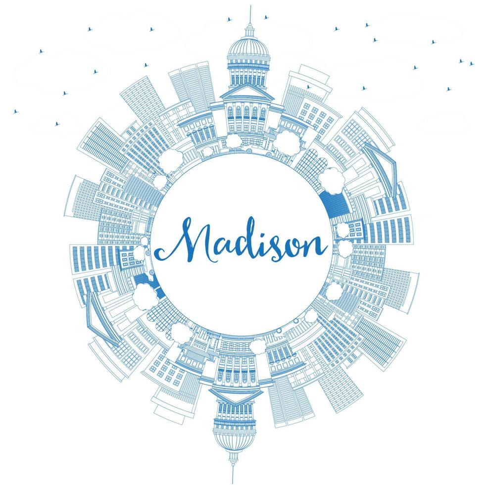 Outline Madison Skyline with Blue Buildings and Copy Space. vector