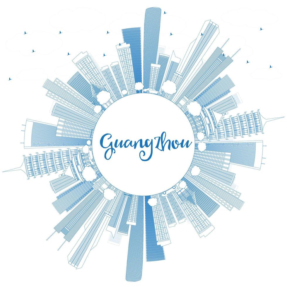 Outline Guangzhou Skyline with Blue Buildings and Copy Space. vector