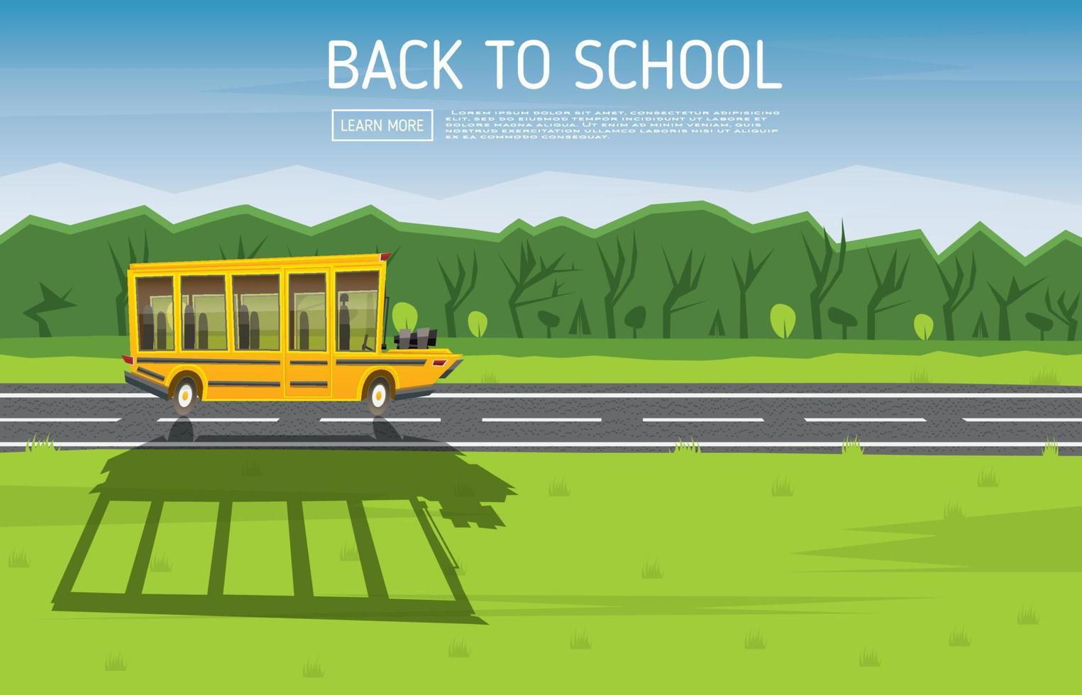 Yellow School Bus Driving Along Country Road. vector