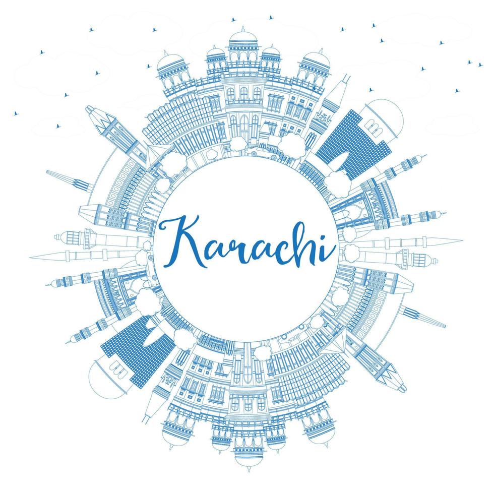 Outline Karachi Skyline with Blue Landmarks and Copy Space. vector