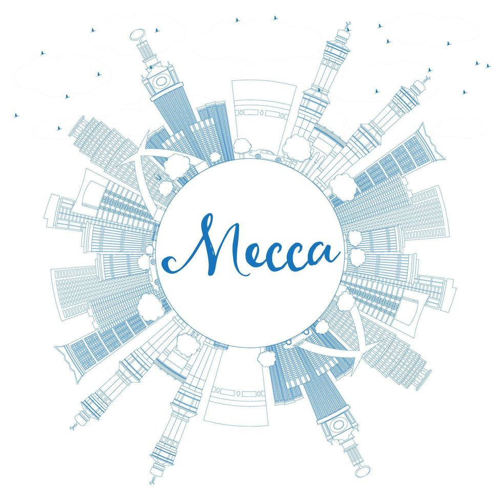 Outline Mecca Skyline with Blue Landmarks and Copy Space. vector